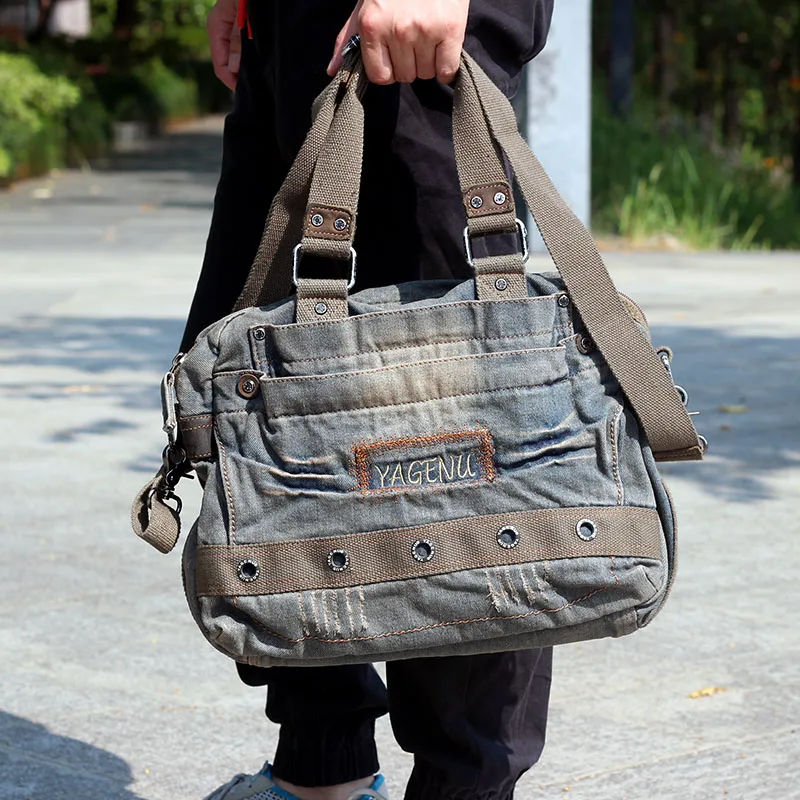 Men's Canvas Shoulder Bag Denim Crossbody Bag Retro Handbag Backpack Casual Commuter Bag Work Bag for Youth with Zipper