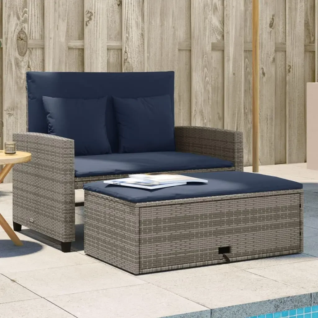 Grey and Navy Blue PE Rattan Convertible Garden Sofa with Powder-Coated Steel Frame, 2-Seater Outdoor Patio Furniture with Stora