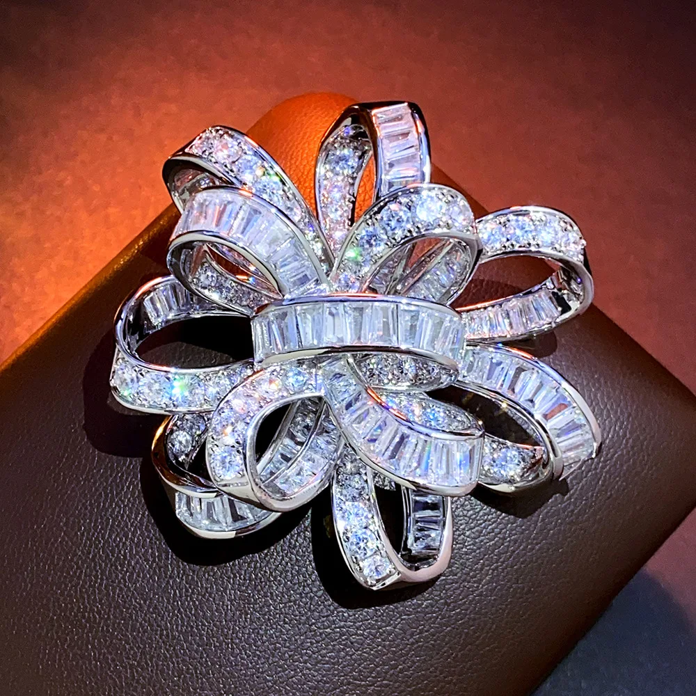 Luxury Elegant Ribbon Bow Brooch Large Carat Sparkling Zircon Luxury Pin Corsage Evening Dress Jewelry Birthday Gifts for Women