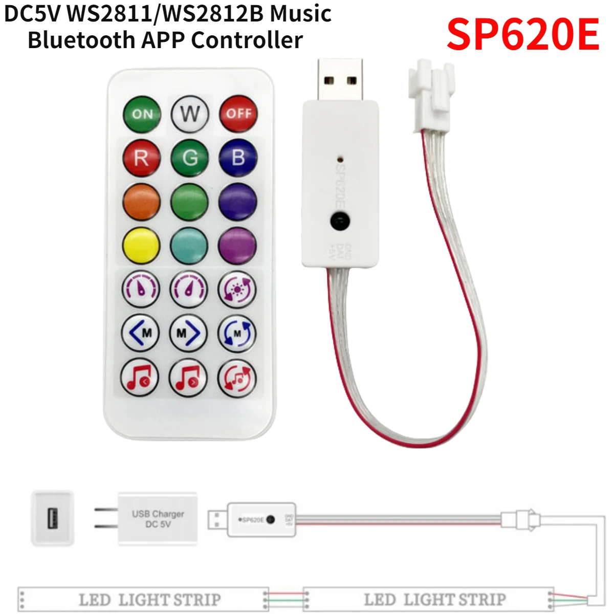 DC5V WS2811/WS2812B Music Bluetooth APP Controller SP620E spina USB con telecomando IR 21 tasti per lampada modulo luce di striscia LED