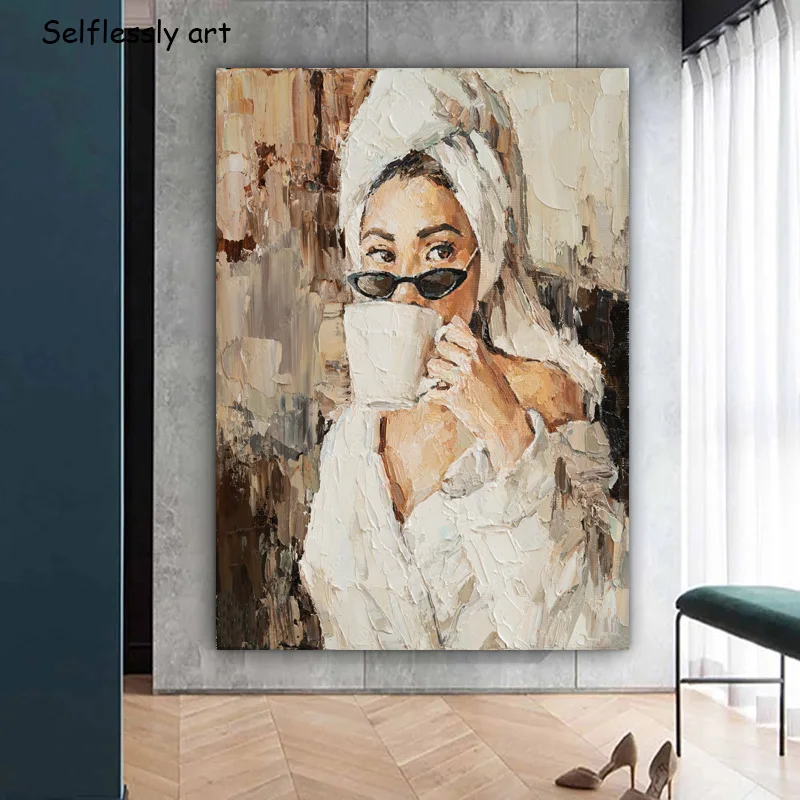 Canvas Painting for Living Room, Nordic Figure Posters, Bathing Girl, Drinking Coffee, Wall Art, Modern Print, Home Decoration