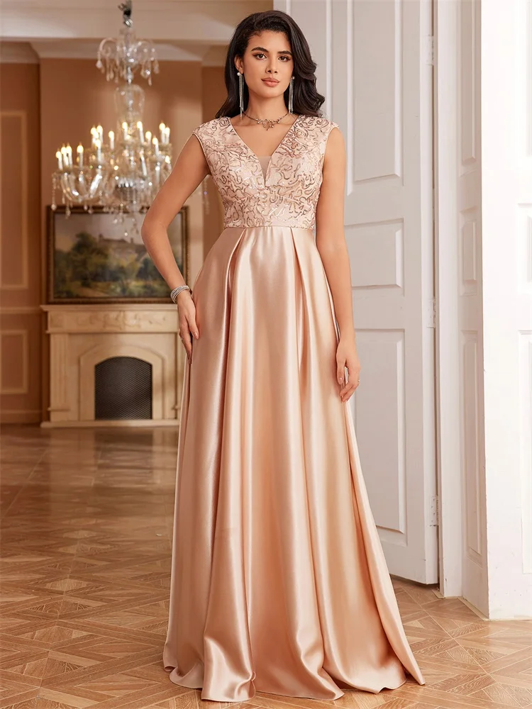 Lucyinlove-vestido de noche de satén dorado de lujo con cuello en V profundo y lentejuelas para mujer, vestidos largos elegantes para fiesta de boda, graduación y cóctel, nuevo