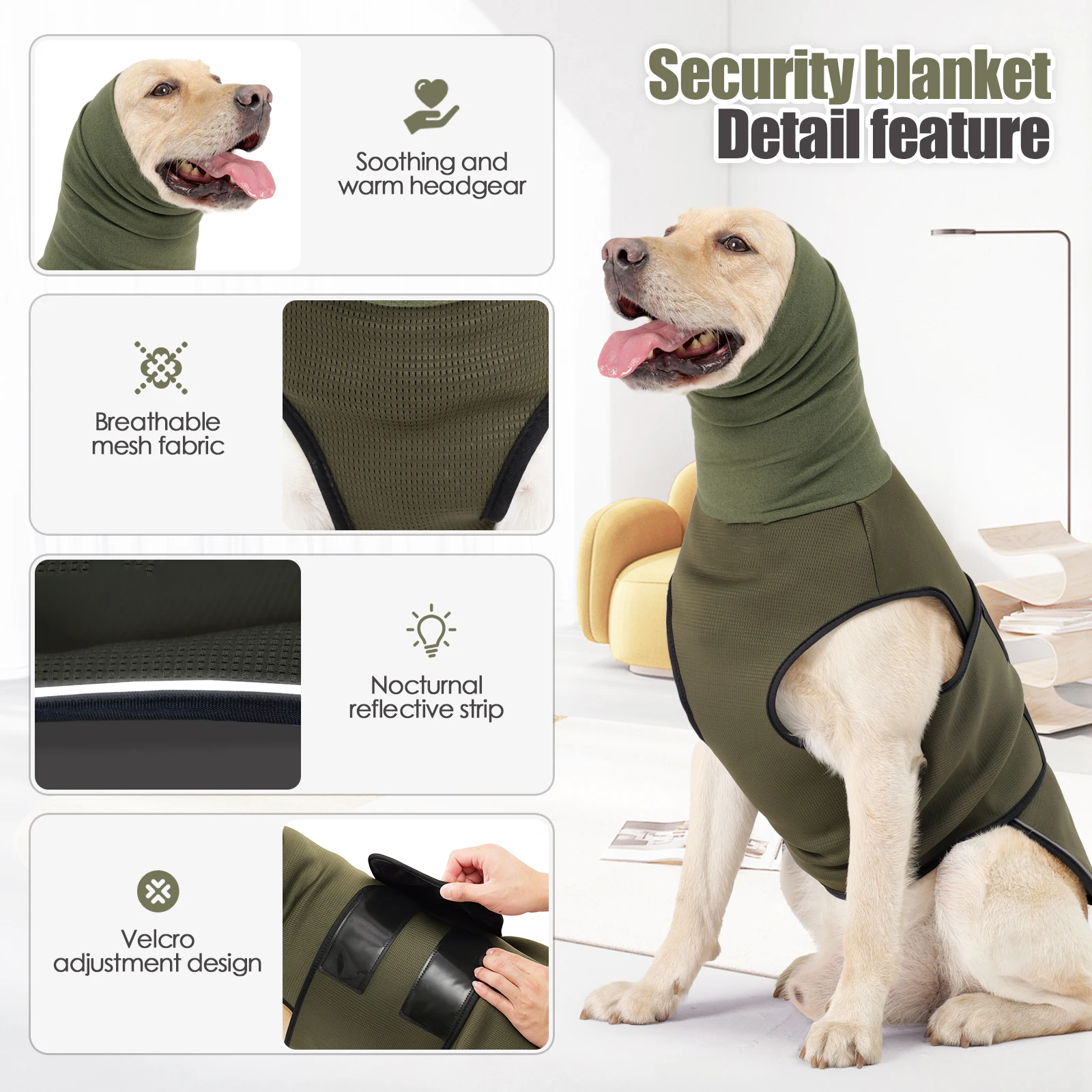 Dog wearing a snug wrap vest with neck warmer