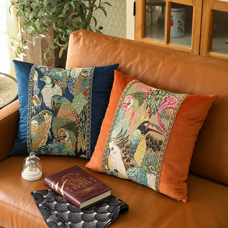 Luxury High-End Parrot Floral Embroidered Pillow Cover, Single-Sided, for Hotel Showroom Sofa Decoration