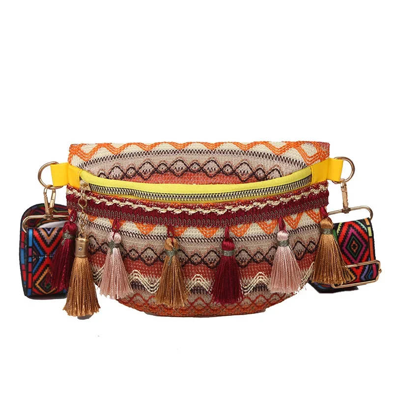 Women Folk Style Waist Bag with Adjustable Strap Variegated Color Fanny Pack with Fringe Decor Khaki Blue Yellow