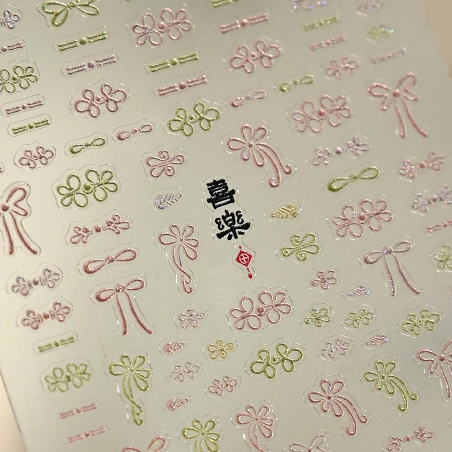 

Glitter Pink Green Flower Bowknot Chinese Style Buckles 3D Self Adhesive Nail Art Stickers Traditional Manicure Decals Wholesale