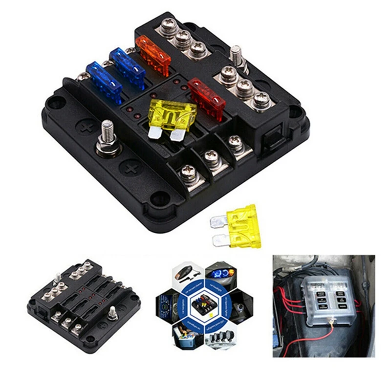 6 Way Waterproof Fuse Block,With LED Indicator Part Kit With Negative Marine Fuse Box For Dc12-24V Car Boat RV Truck