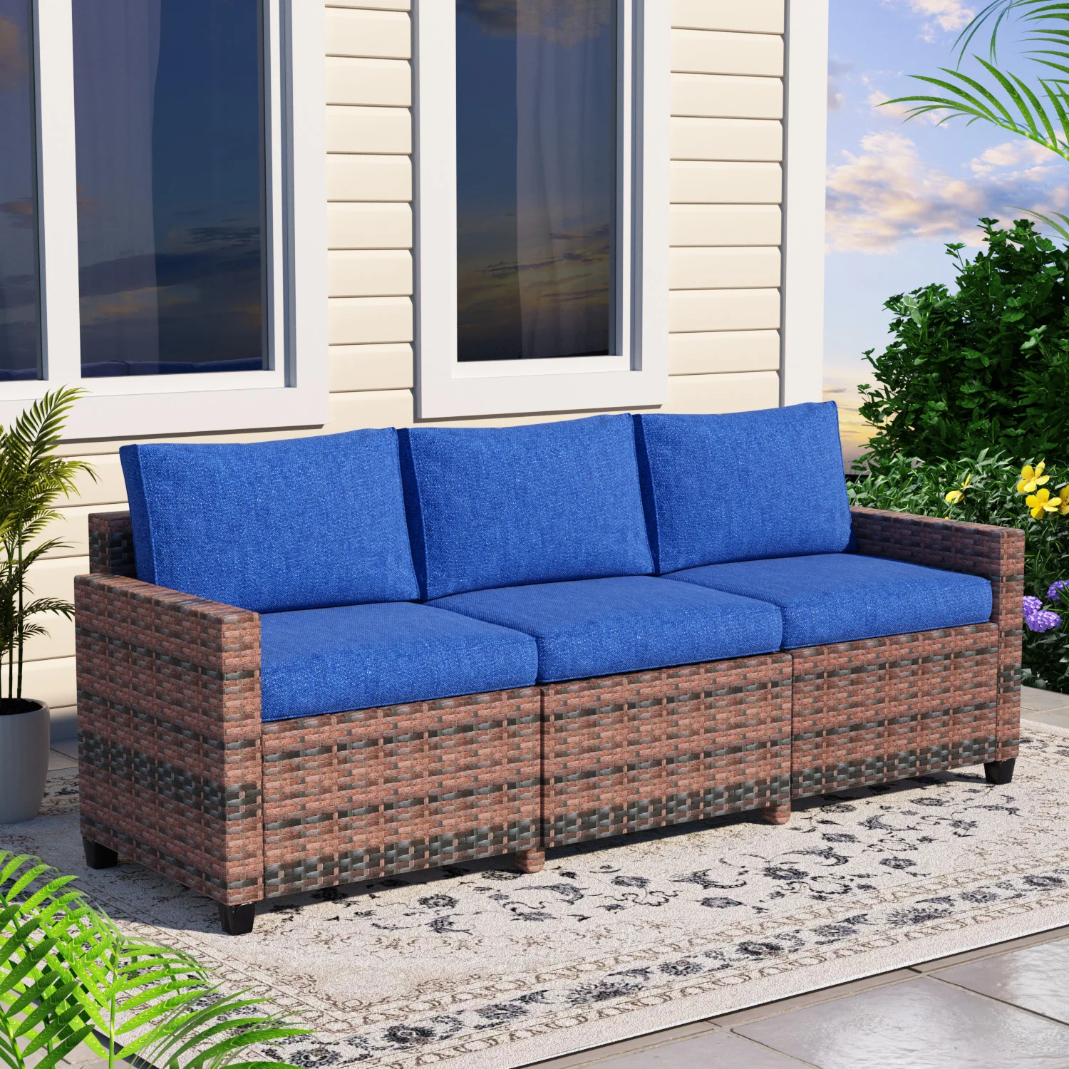 Outdoor Patio Furniture Set, High Leg 3-Seat PE Rattan Patio Furniture Sofa with Thick Blue Cushions, All Weather Resistant Outdoor Furniture Couch, Sturdy Outdoor Patio Furniture Set for Patio, Garden & Backyard