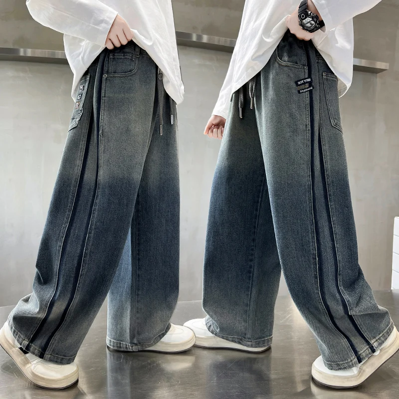 

Kds Children Spring Autumn Slate Gray Jeans with Stripes on the Sides for Teenage Boys Casual Loose Straight Denim Pants 5-14 Y