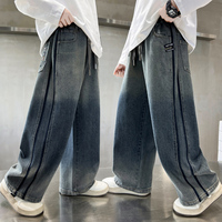 Kds Children Spring Autumn Slate Gray Jeans with Stripes on the Sides for Teenage Boys Casual Loose Straight Denim Pants 5-14 Y