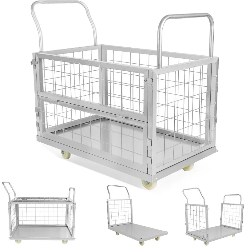 

Platform Truck Cart with Cage,5IN1 Multi-Functional Cage Cart,Heavy Duty Flatbed Cart Load 2500LBS,40"×24" Push Cart for Laundry