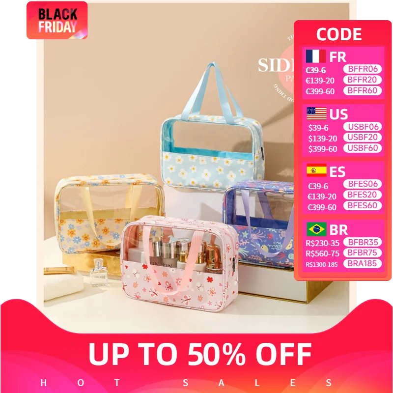 Printed transparent cosmetic bag large capacity splicing handbag sweet macaron toiletry bag travel portable storage bag