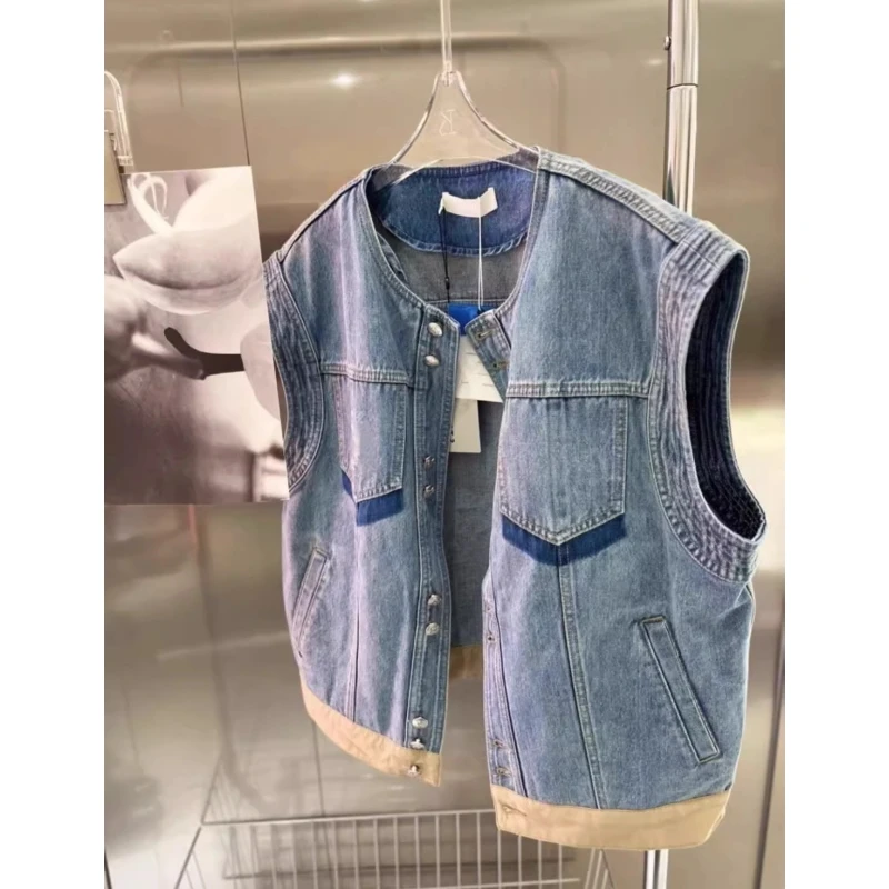 

Мужская летняя тонкая джинсовая жилетка больших размеров (до 300 фунтов), европейский стиль, с цветными вставками, молодежный повседневный топ, модный