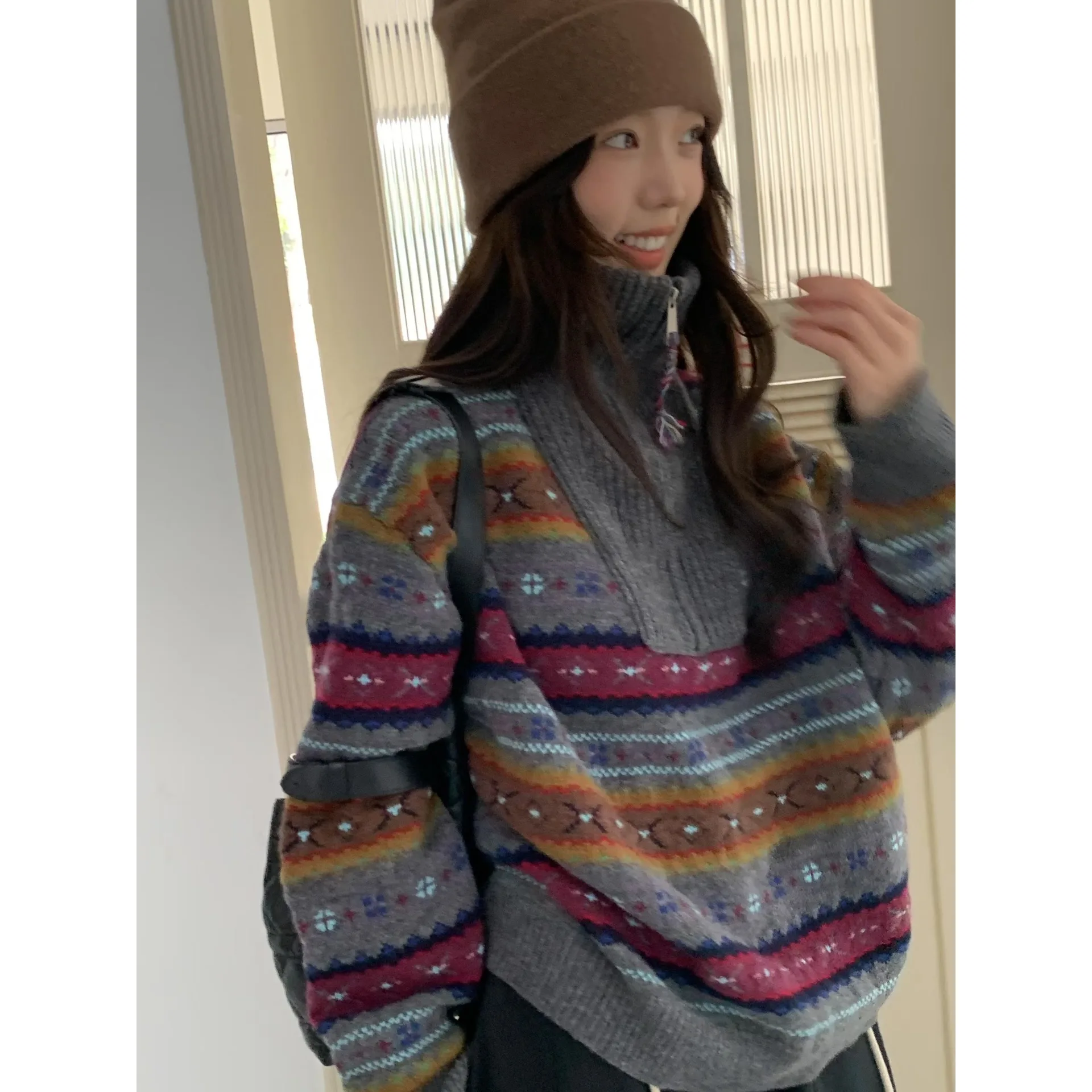 الكورية Sle عالية الياقة سترة المرأة فضفاضة كسول محبوك f سستة الخريف الشتاء جديد Faion شبكة سترة للسيدات #1