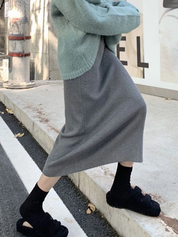 Knitting Skirts Women Pure Leisure Autumn Temperament Minimalist Midi Faldas Korean Style Ladies All-match Basic Tender Stylish