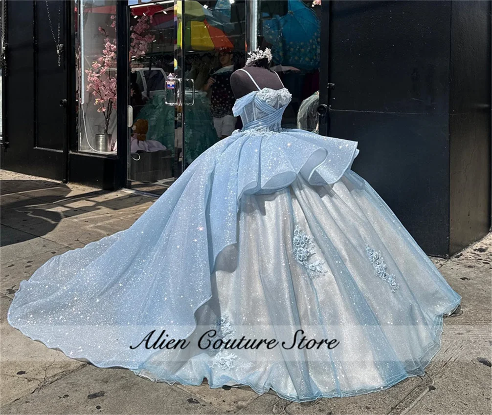 Sweet Blue Princess Ball Gown Quinceañera Dresses 2024 Floral Appliques Crystals Birthday Party For 15th Girls Lace-up Customize