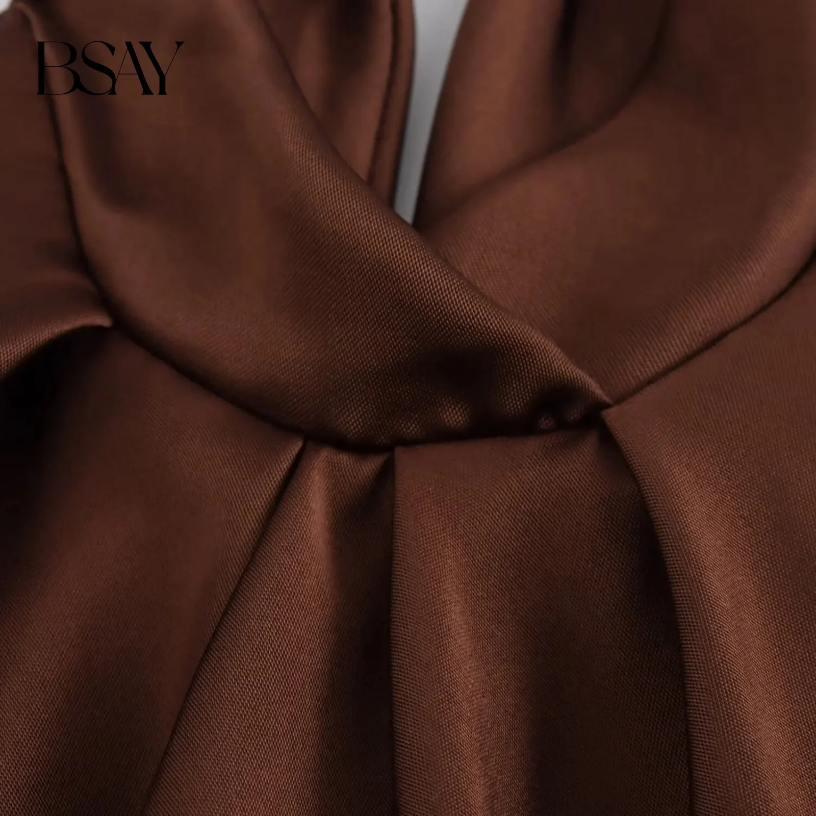 BSAY 女性ファッション夏の新サテンテクスチャノースリーブホルターセクシーな背中の開いたロングドレスシックな女性ヴィンテージブラウンイブニング