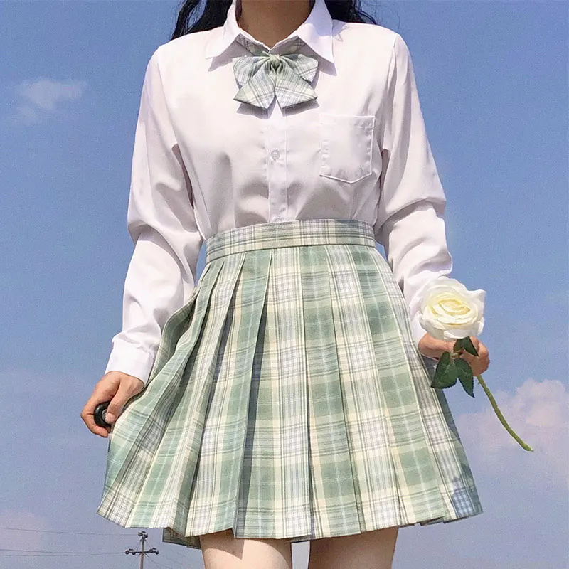 韓国-女の子のための日本のハイゼリースーツ,セクシーな制服,長袖の白いシャツ,プリーツスカート,緑