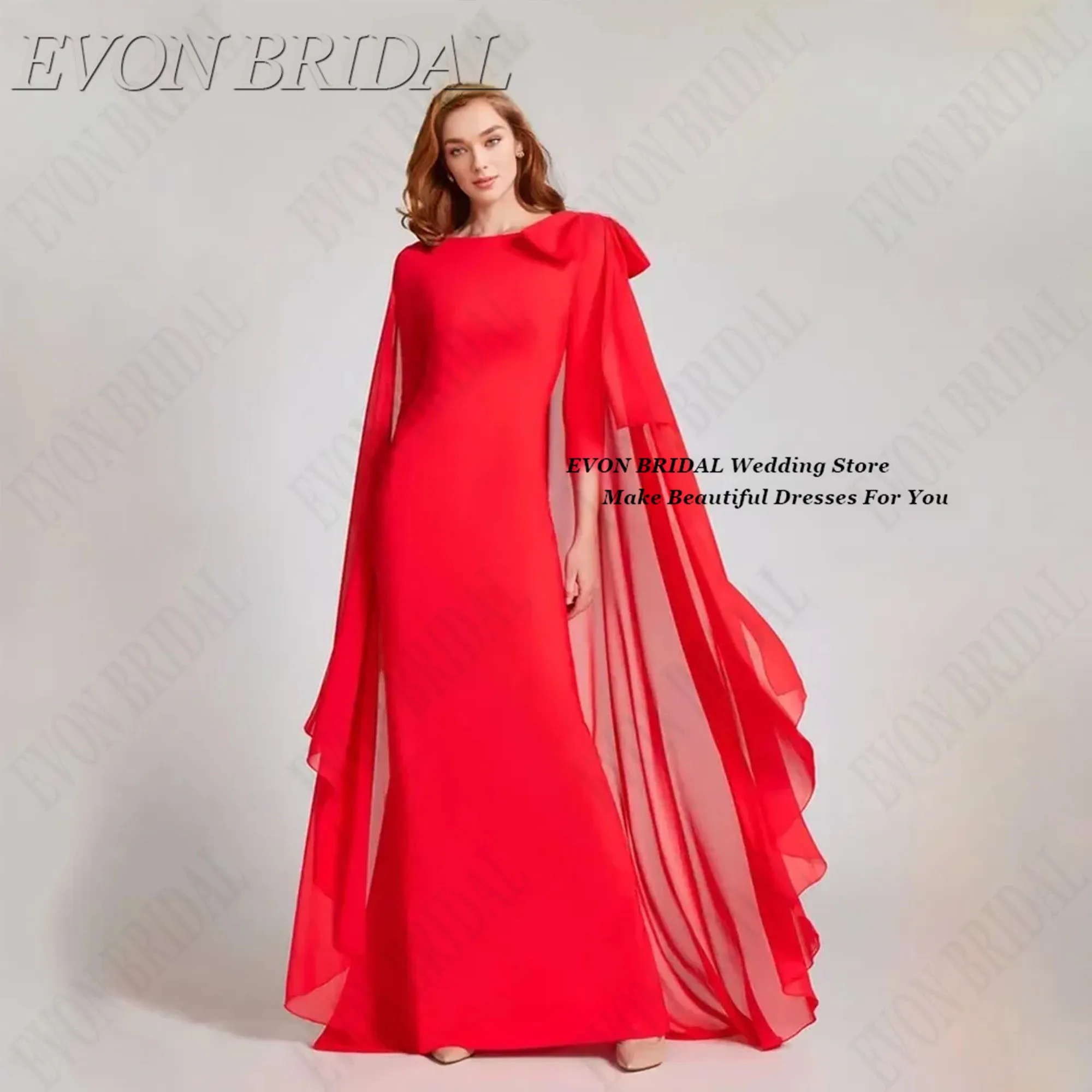 

Said Arabia Bow Evening Dress Classic Chiffon Long Wedding Guest Dress Long Sleeves Woman Ceremony Dress EVON BRIDAL Customized