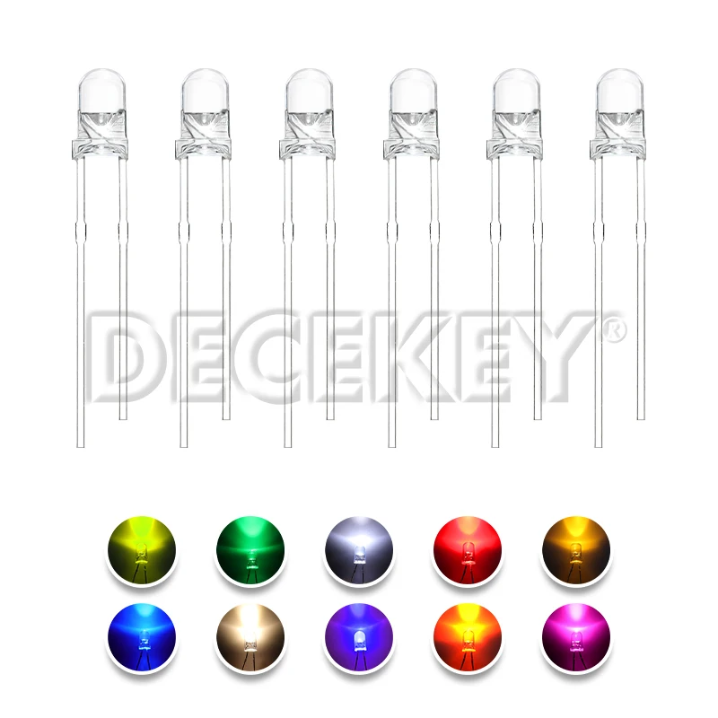 100pcs 3mm LED Diode Ultra Bright Warm White Red Green Blue UV Purple Yellow Orange Pink 2V 3V Multicolor Emitting Assortment