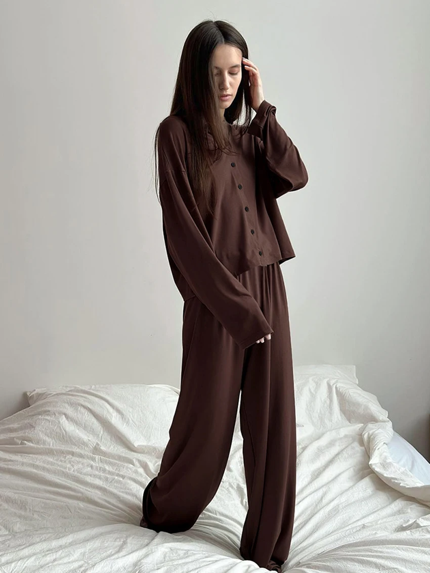 

Marthaqiqi Home Clothes For Women Sexy V-Neck Sleepwear Long Sleeve Nightgowns Pants Causal Autumn Female Nightwear 2 Piece Suit