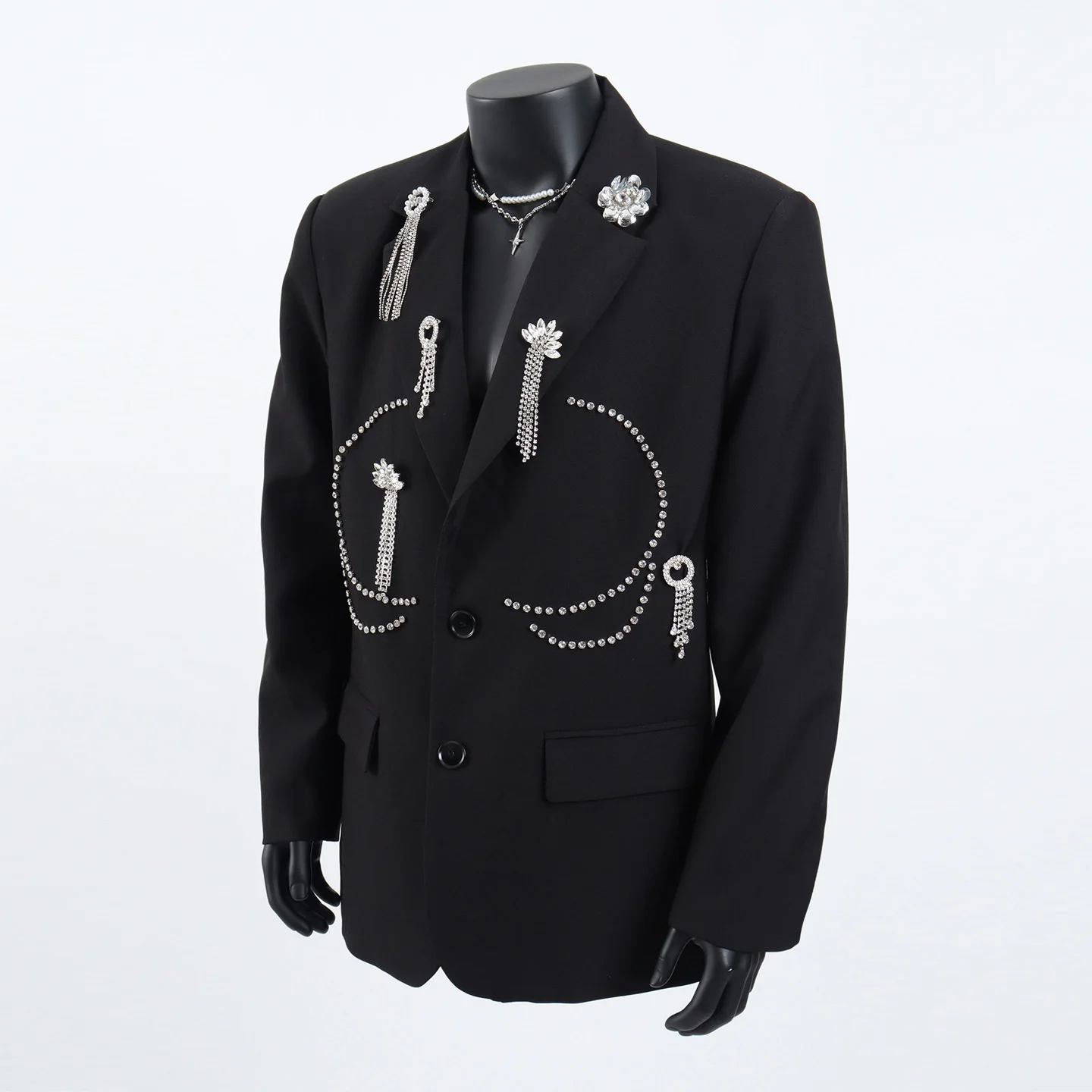 سترة سوداء بتصميم عصري فاخر للرجال، بدلة أداء مزخرفة معدنية راقية، سترة عصرية متعددة الاستخدامات #6