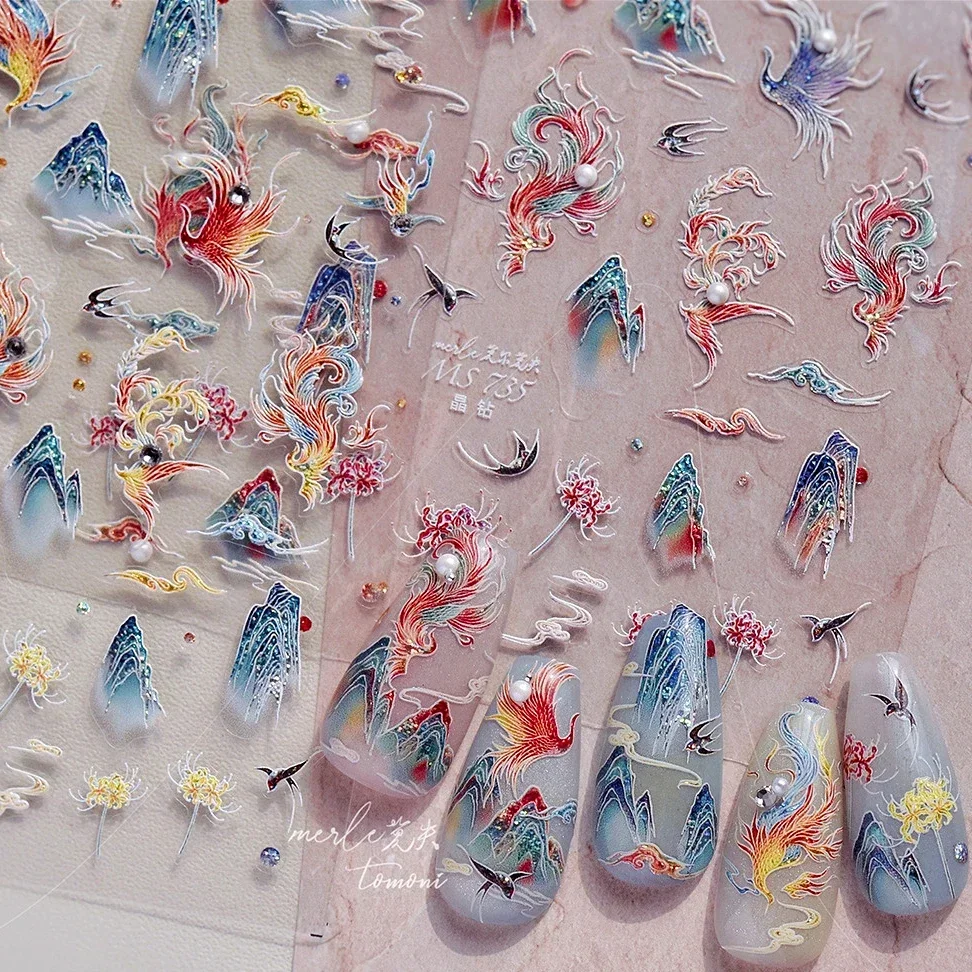 Perle Phönix Vogel Schwalbe Rote Spinne Equinox Blume Grüner Berg Glückswolken Selbstklebende Nagelkunst Aufkleber Maniküre Aufkleber
