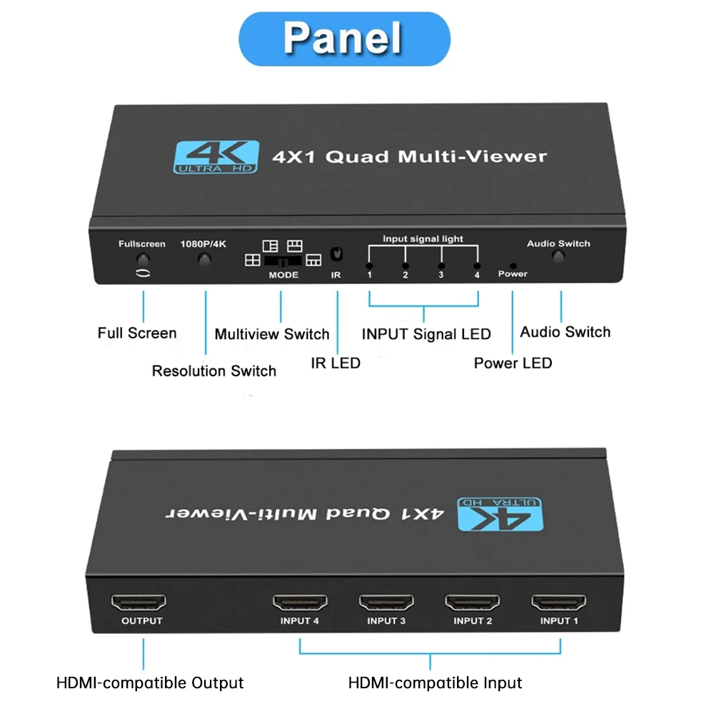 4x1 HDMI-compatibele multi-viewer-switcher Naadloos 4K 4-scherm Real-time multi-viewer-schermsplitter 4 in 1 uit HDMI-compatibel