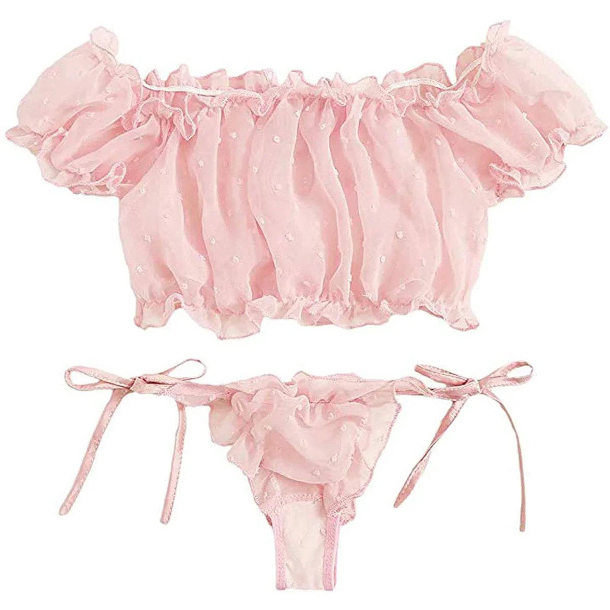 Mesh Dot Printed Off Shoulder Transparent Ruffle Bralette Bra and Panty Thong Underwear Sets Women's Sexy Lingerie Intimates
