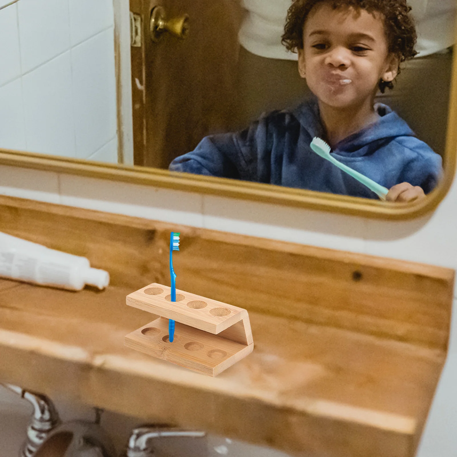 

Bamboo Toothbrush Holder 4 Holes Storage Stand Bathroom Desk Organizer Countertop Pen Pencil Rack Toothpaste Stand