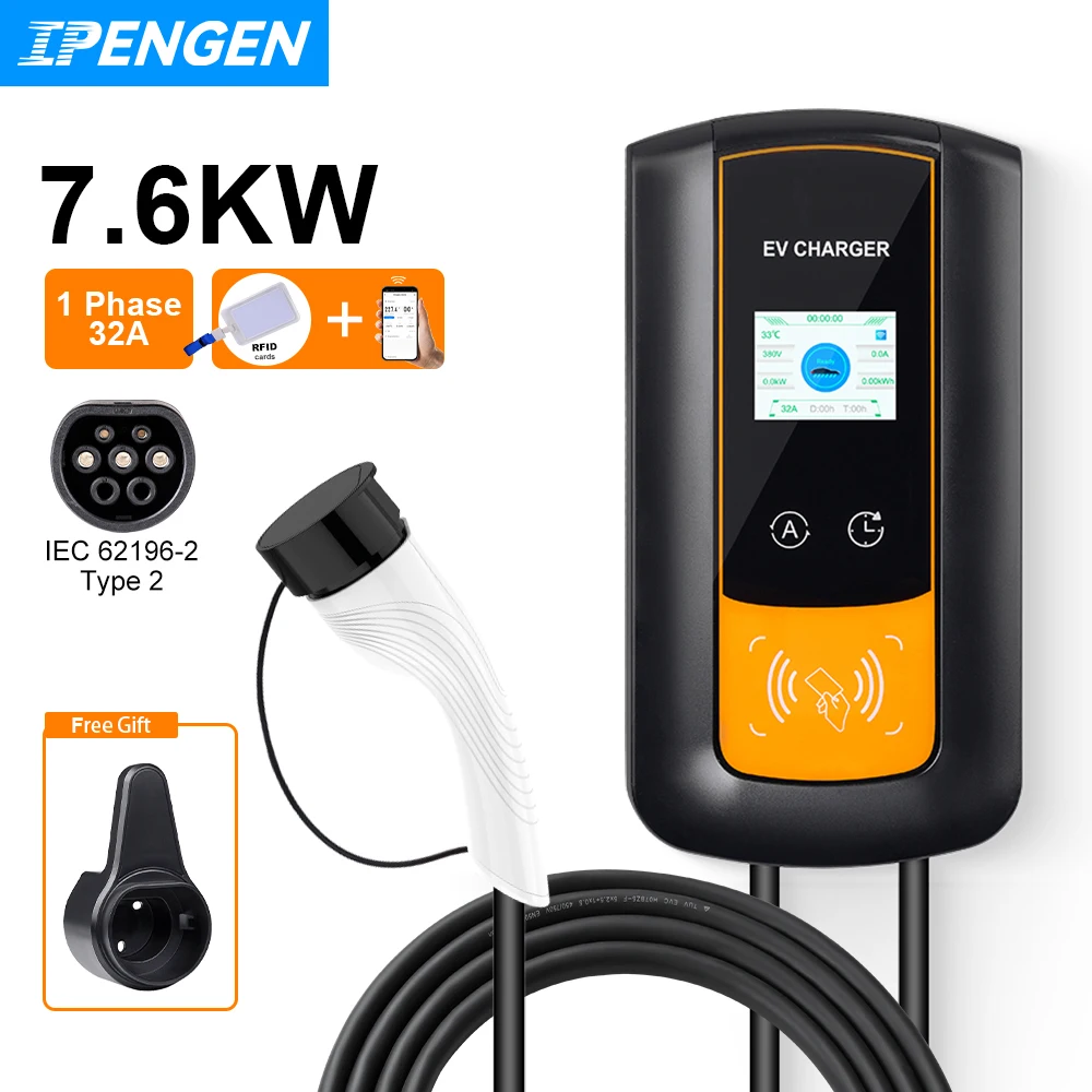 IPENGEN EV Charging Station 32A Electric Vehicle Car Charger EVSE Wallbox Wallmount 7.6/11/22KW Type2 Cable IEC62196 APP Control