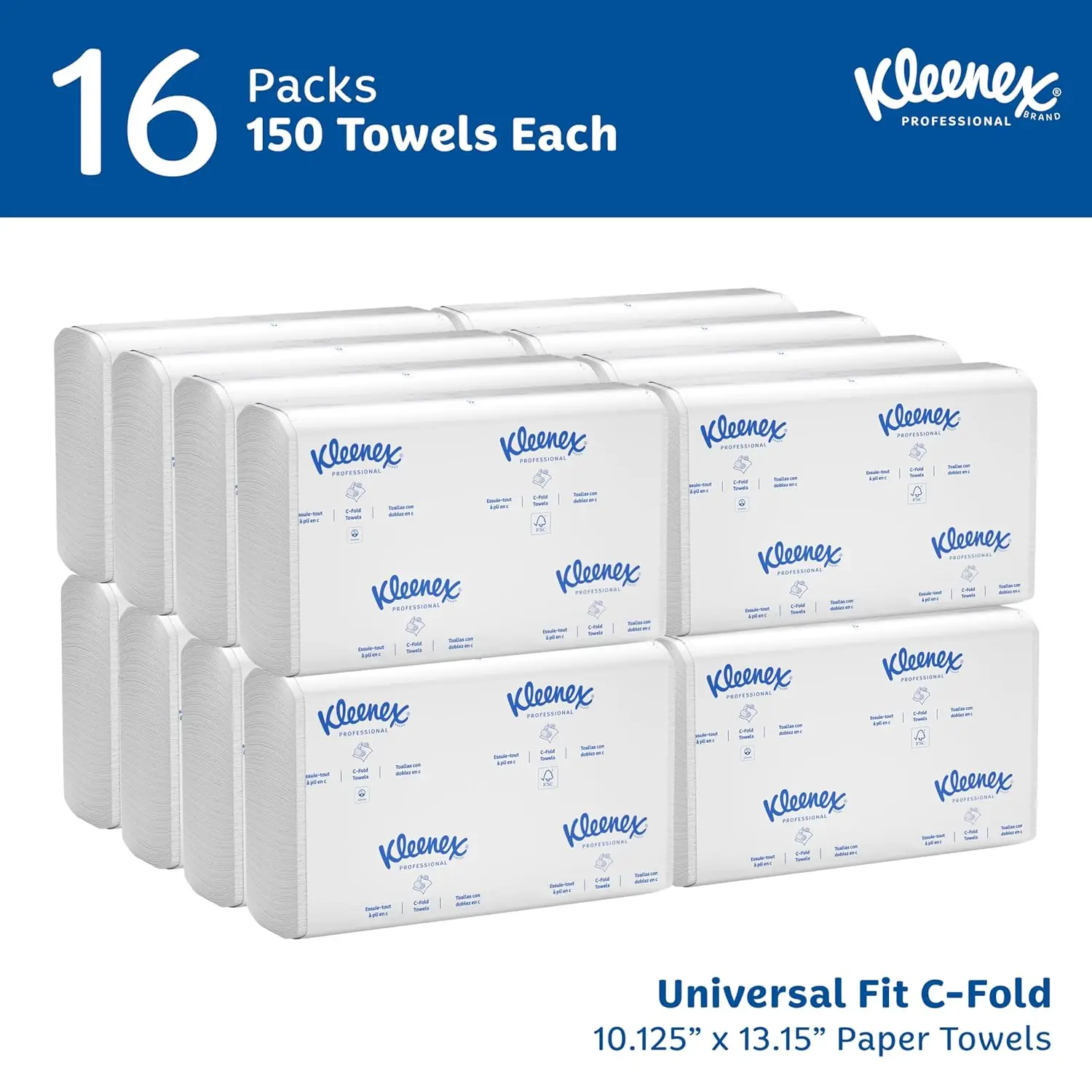 Universal C-Fold Paper Towels, Bulk Pack, Absorbent White Sheets (150/Pack, 16 Packs/Case, Total 2400)