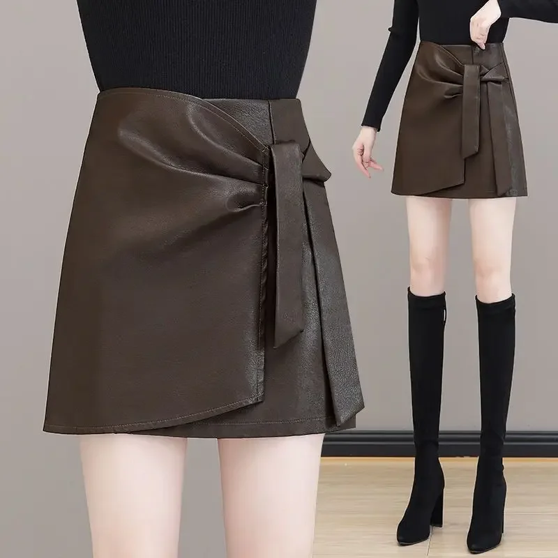 

Японский стиль, милая осенне-зимняя новая женская однотонная повязка на молнии с высокой талией, модная тонкая короткая юбка трапециевидной формы из искусственной кожи с запахом на бедрах