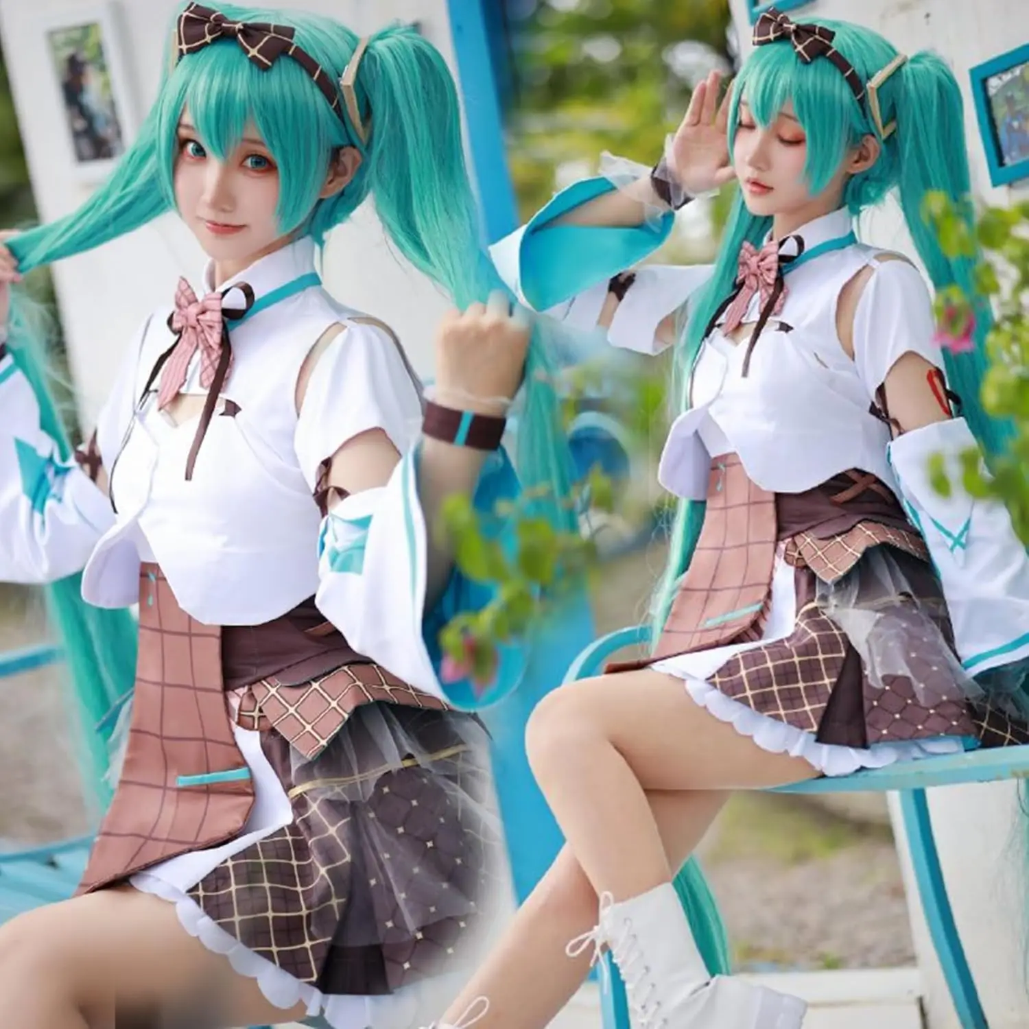 Synthetic Green Wigs +Hair Cap Long Greenish Wig with 2 Ponytails for Women Straight Bangs Cosplay Halloween Christmas Party