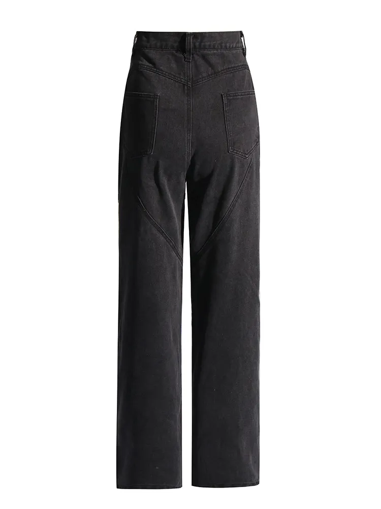 TWOTWINSTYLE Patchwork Diamonds Hollow Out Denim Trouser For Women High Waist Spliced Pocket Chic Wide Leg Pants Female Fashion