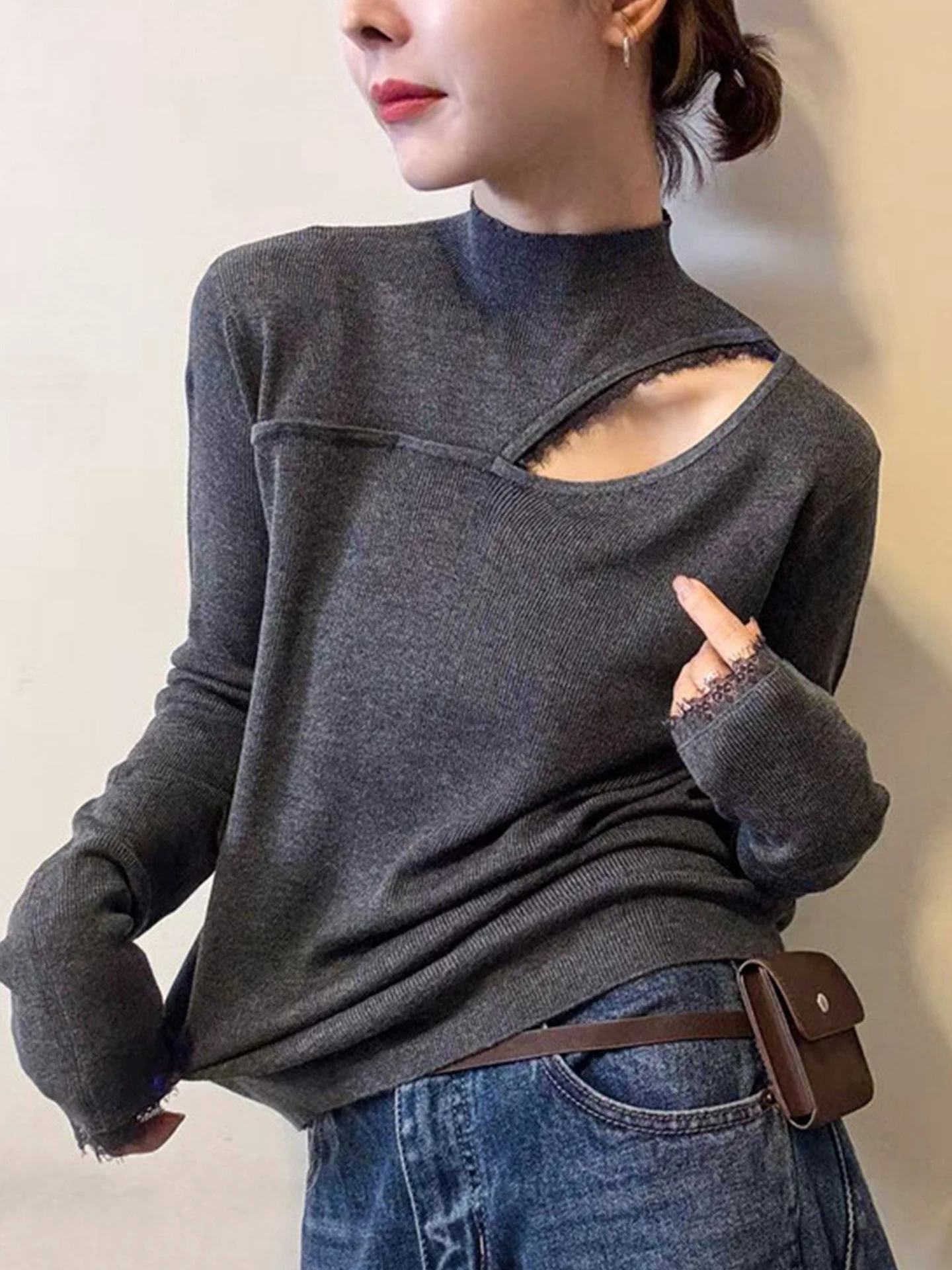 

Retro Korean Sle Lace Hollow Knitted Sweater Color Commute Simple Base Layer Casual Sle Long Sve Women Top