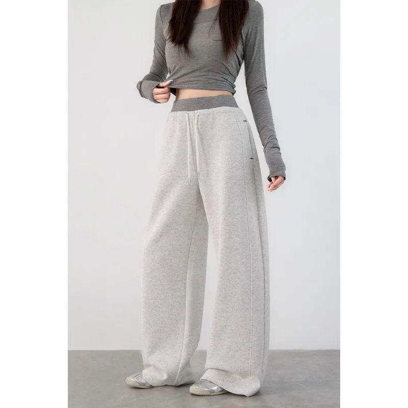 بنطال رياضي بحزام خصر مضلع أمريكي لخريف وشتاء 2025 سروال نسائي جديد عالي الخصر كسول غير رسمي واسع الساق