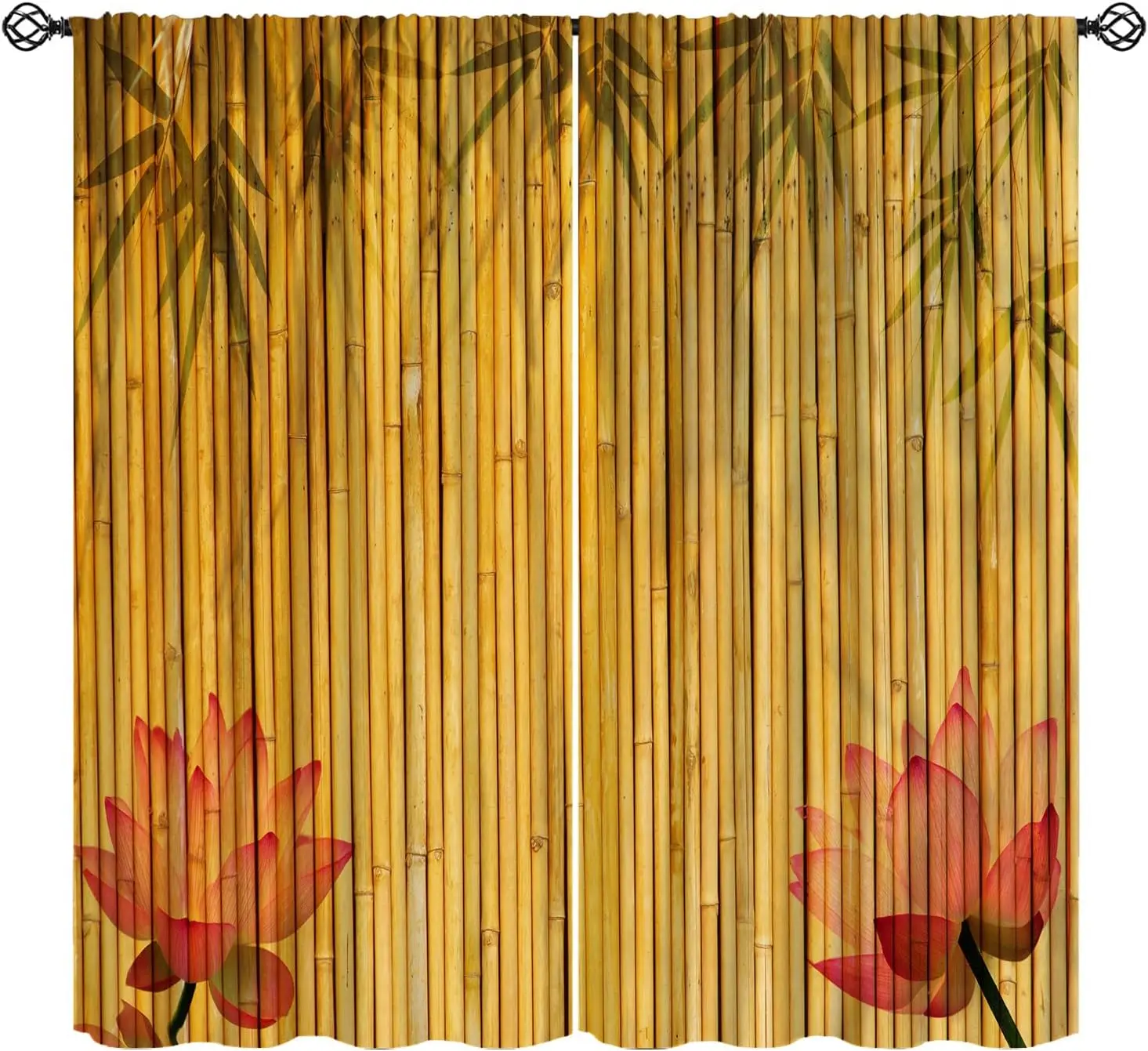 Bamboo Slats Curtain Pair 2pcs Tropical Floral Lotus Print Natural Bamboo Blinds Window Curtains for Living Room Bedroom Home De