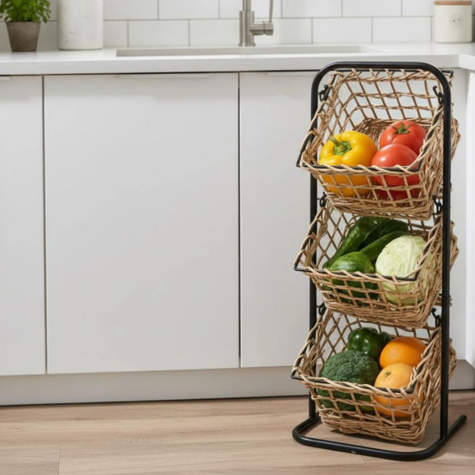 

Wicker Basket Stand Handwoven Baskets Iron Basket Rack Snack Organizer Stand Space-Saving Vertical Fruit Symbolize Dining Area