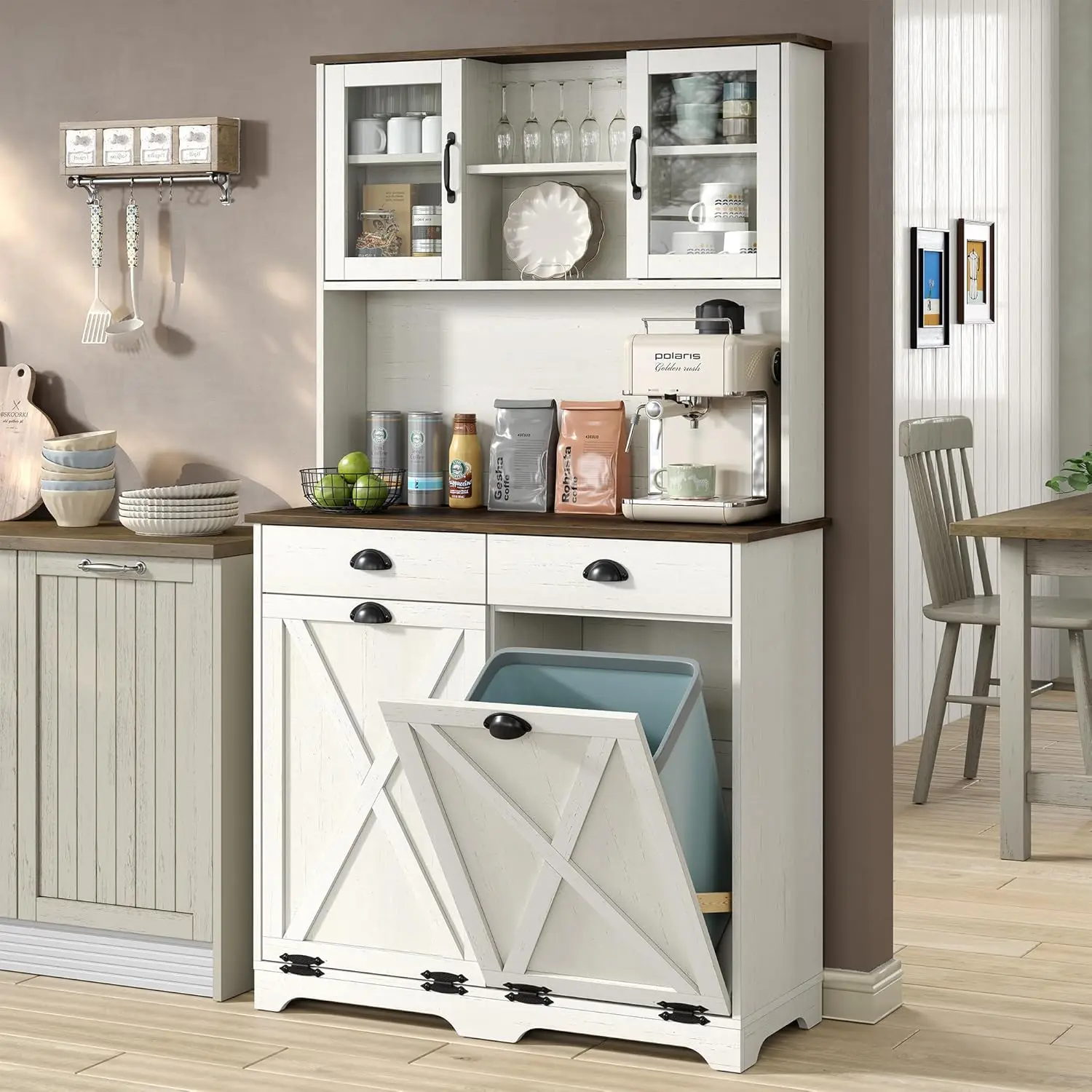 

Farmhouse Double Tilt Out Trash Bin Hutch Kitchen Cabinet Microwave Pantry Hidden Garbage Storage 2 Drawers