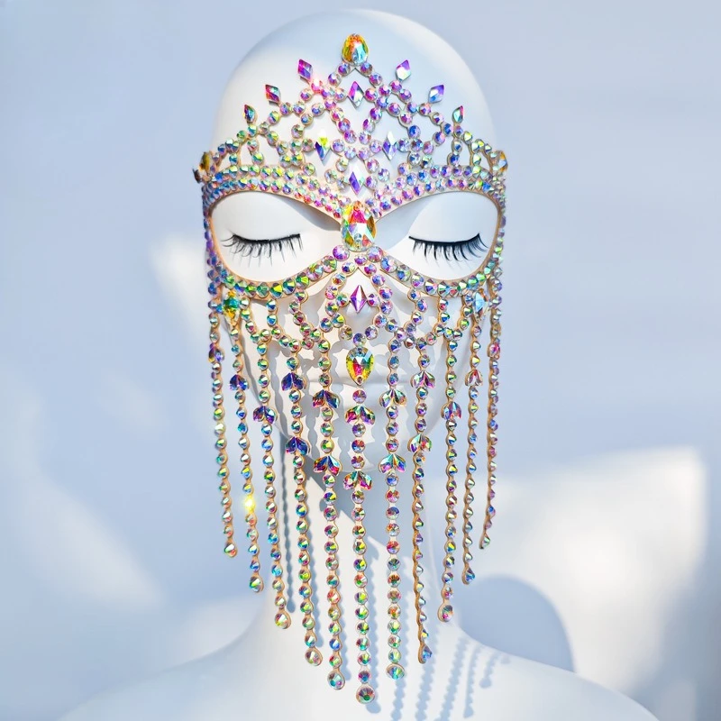 customized belly dance tassel face curtain exotic style mask dance annual party performance with heavy handmade rhinestone mask