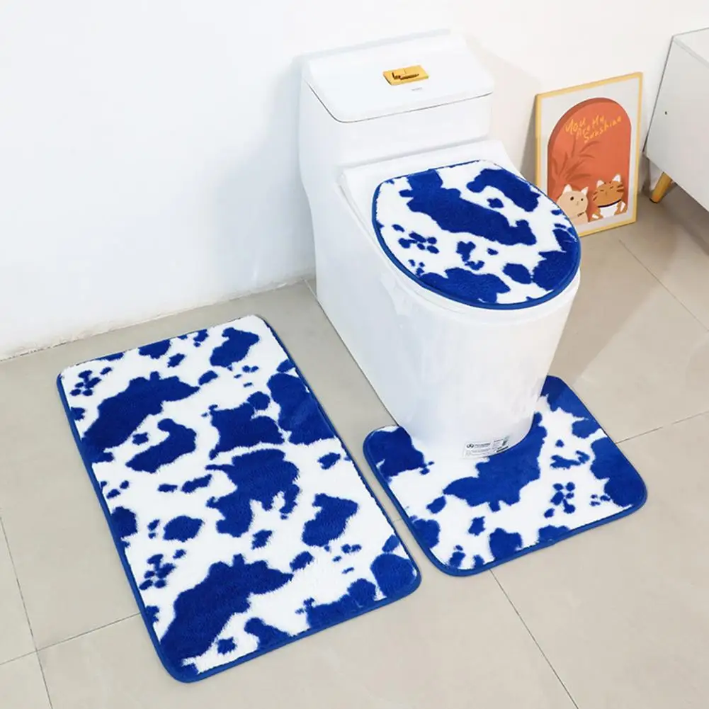 3 Pcs/Set Bathroom Floor Mat Non-slip Super Absorbent Cow Color Thickened Tufted Fall Winter Thermal Insulation Floor Carpet Toi