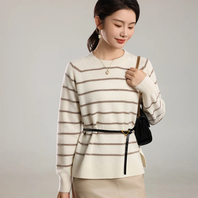 Round neck striped sweater Autumn/Winter 100% Merino wool casual thick knit sweater Loose cashmere Tops Women Blouse