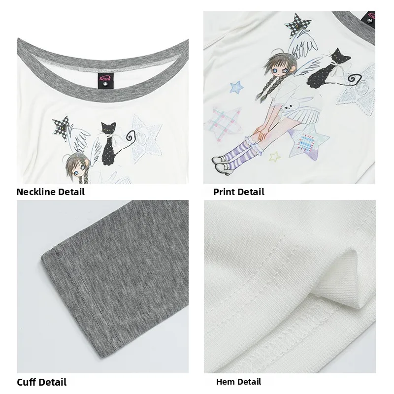 Spring Y2K Slim Fit Short Sleeve Women's T-shirt Shoulder Bared Long Sleeve Print Casual Style Loose Type Creative Pattern