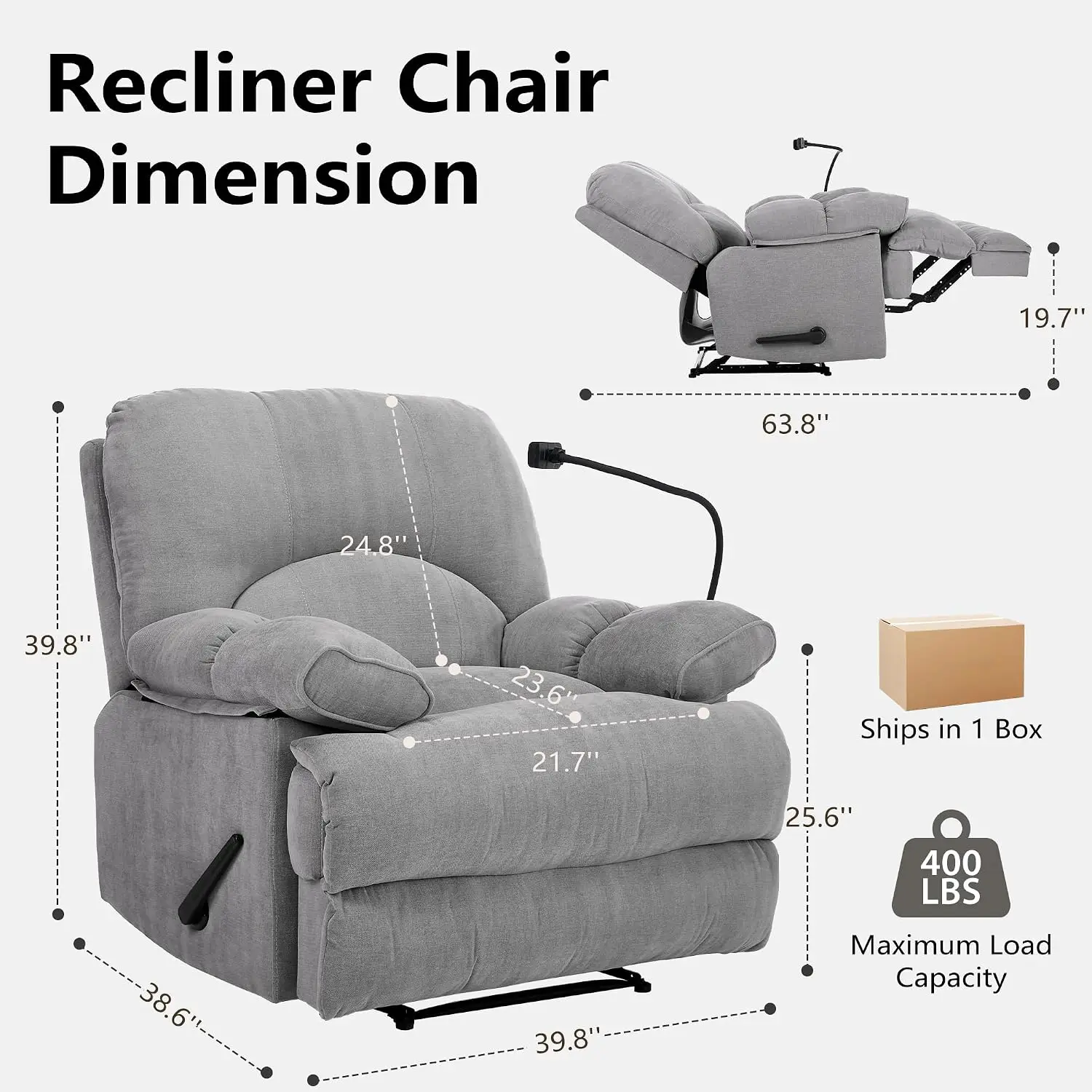 Oversized Recliner Chair, Plush Chenille Manual Recliner for Big and Tall, Large Extra Wide Seat with Phone Holder,, Customized