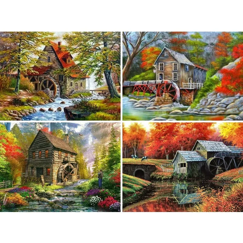 5D DIY Landscape Full Square Diamond Painting Creekside Watermill Autumn Scenery Embroidery Cross Stitch Rhinestone Mosaic Decor