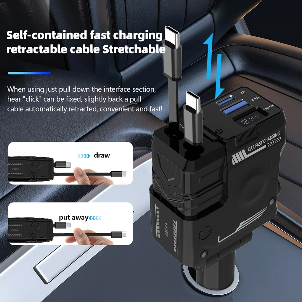 Dual Type-C Car Charger Car 66W Super Fast Charge Flash Charging, Telescopic Cable Four-in-one Point Car Charging