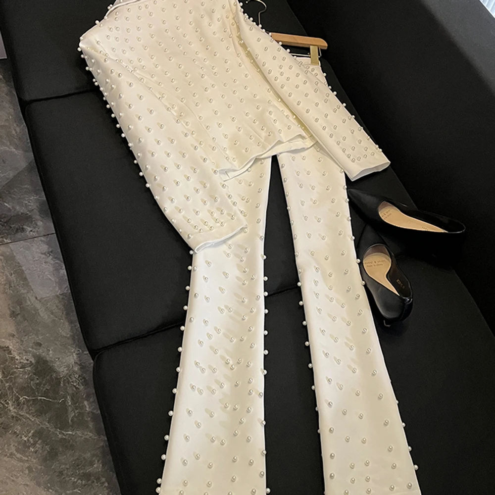 Spliced Pearl Solid Two Piece Sets For Women‘s Lapel Long Sleeve Top High Waist Pants Elegant Set Female conjuntos de pantalone