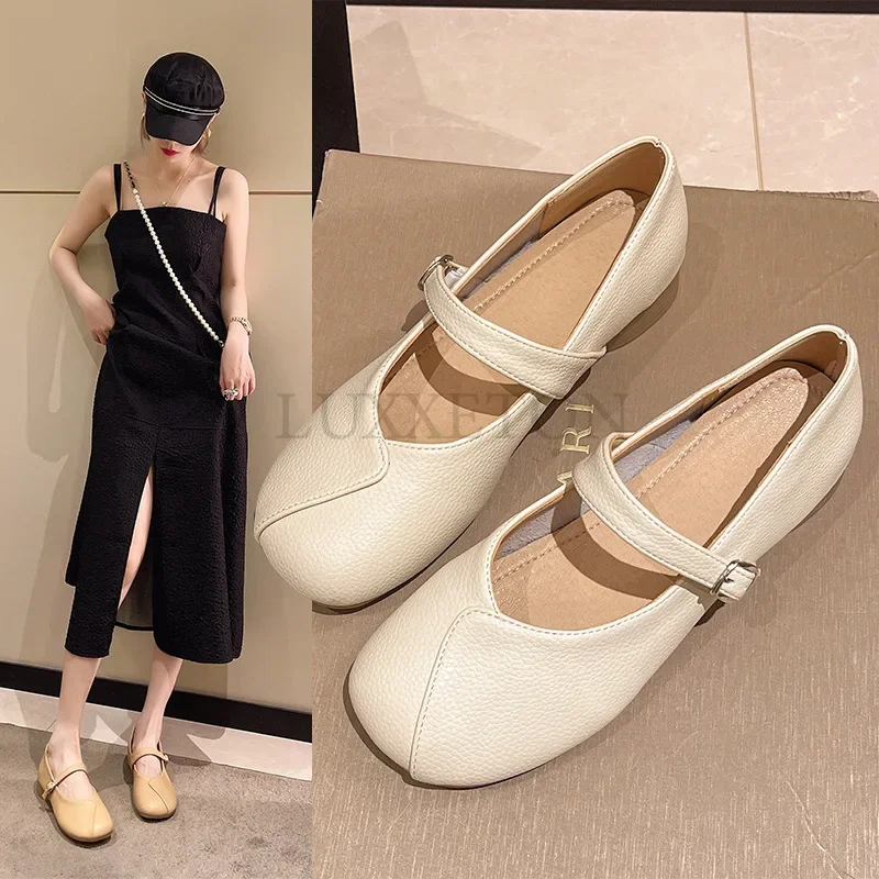 Round toe one line with shallow mouth Mary Jane small leather shoes fashionable casual comfortable and casual bean shoes