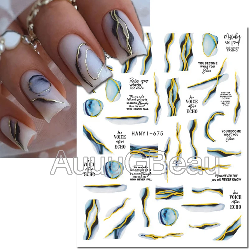 3D Nail Art Aufkleber blühen raucht goldene Linien Wellen blau mables Französisch Tipps selbst klebende Schieber Aufkleber für Nagel maniküre